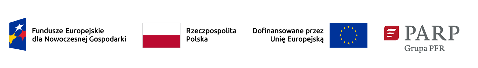 logotypy Fundusze Europejskie dla Nowoczesnej Gospodarki, Rzeczpospolita Polska, Dofinansowane przez Unię Europejską, PARP Grupa PFR